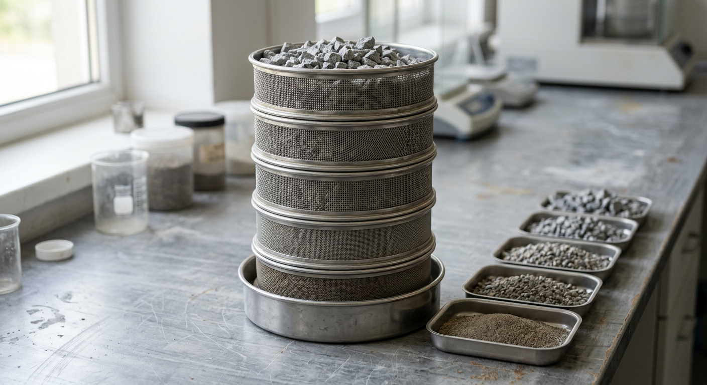 Laboratory sieves and trays of graded aggregate and soil samples on a bench