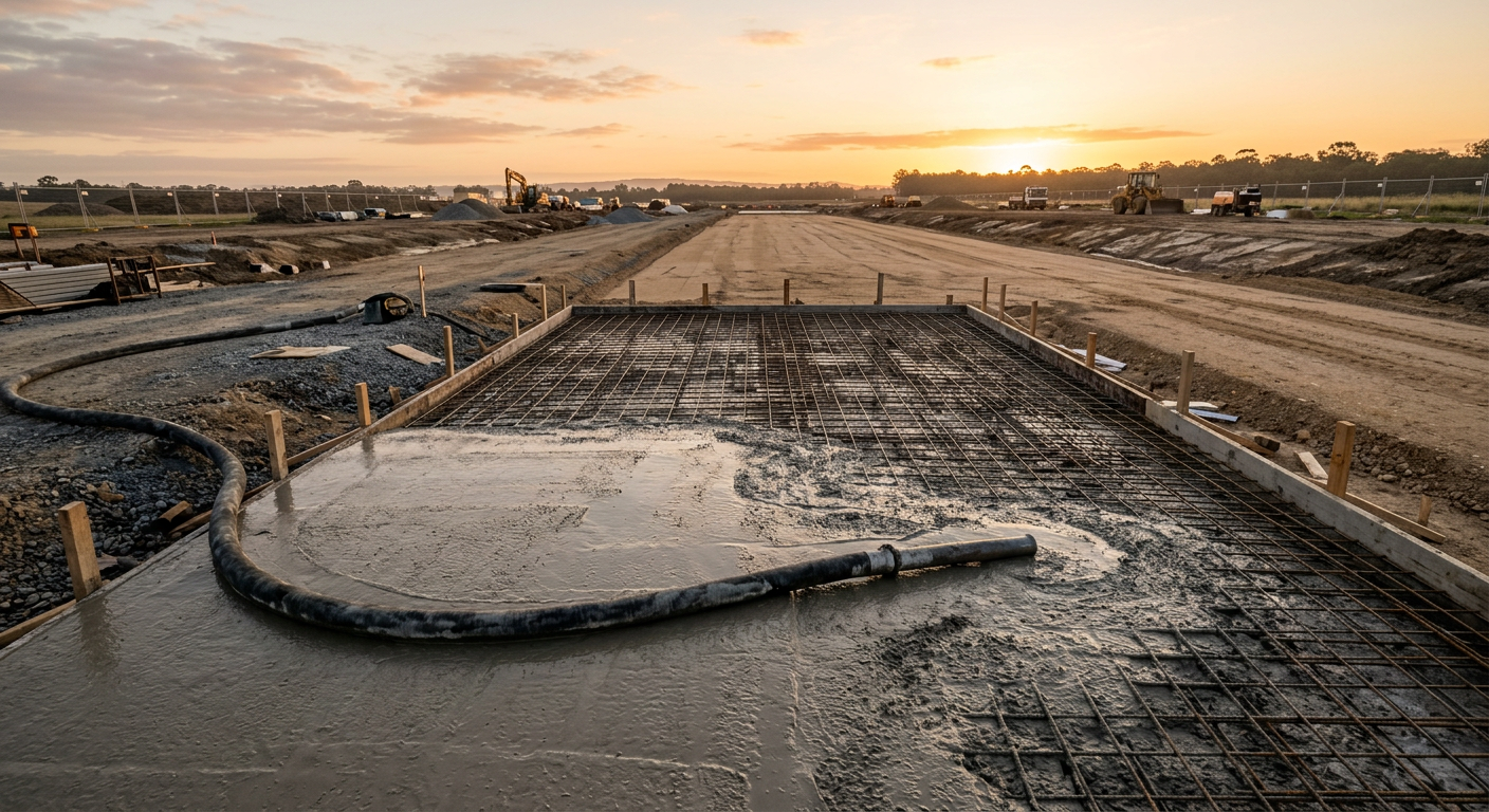 Freshly poured concrete slab with reinforcement mesh on a civil construction site